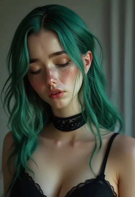 Realistic, realism, 4K, hi-res, Daphne, 20, green hair, freckles, black collar, front facing, drunk, wasted, exhausted, (tired), (sleepy), half asleep,
