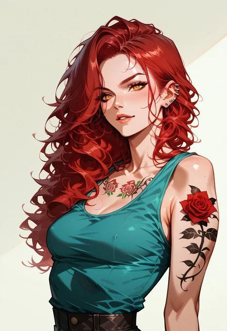 realistic, score_9,score_8_up,score_7_up, 1girl, Abby, AbbyRH, red hair, asymmetric hair style, long wavy hair, amber eyes, upper arm rose tattoo ear piercings, small breasts, perky breasts, fit, perfect body, double rose chest tattoo, laced ribbon thigh tattoo, tank top, shorts, black bacground, full body, pinup pose