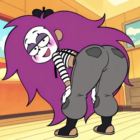 mime enid,flat color,makeup,purple hair, big hair,very long hair,black eyes,black nose, hat,midriff, striped shirt,suspenders, grey pants,gloves,sandals,half-closed eyes,smile,open mouth,standing,bent over,hands on own knees,presenting ass,ass focus,looking at viewer,looking at viewer,from behind,day,bedroom.
