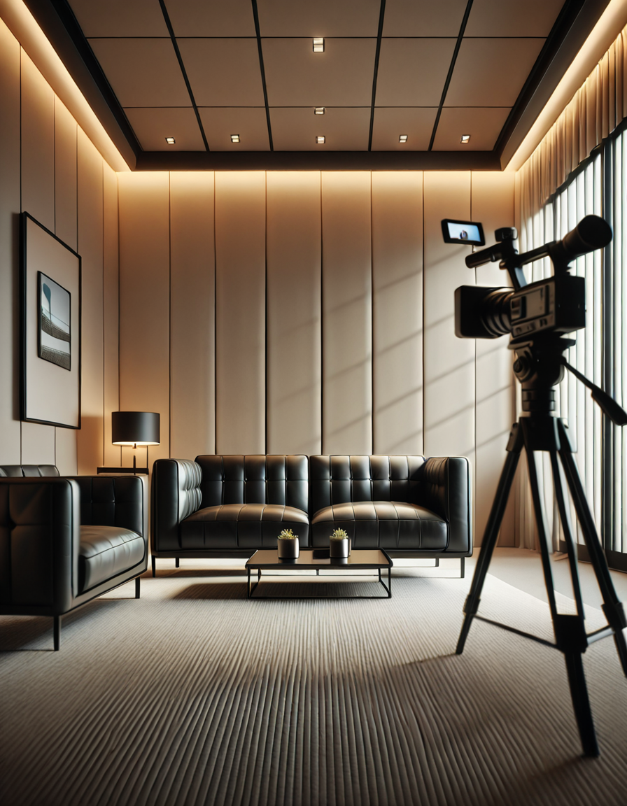 A high-quality, realistic photograph of a modern casting office interior featuring a simple black leather couch positioned against a plain white wall. The couch is sleek, clean, and minimalist in design, with smooth cushions and subtle stitching details. In front of the couch is a small, low wooden coffee table with a few neatly stacked magazines and a glass of water. To the side, there's a professional camera on a tripod aimed at the couch, with softbox lights set up to provide balanced, diffused lighting, eliminating harsh shadows. The floor is covered with light gray carpet, adding a soft texture to the scene. The atmosphere is quiet and neutral, resembling a professional interview space. The overall composition is centered and symmetrical, with a clear focus on the furniture and equipment. No people are present. The photograph has a natural daylight tone coming from an unseen window, giving a soft, ambient glow to the room.
<lora:SDXLFaeTastic2400:0.4> <lora:extremely_detailed:0.4> extremely detailed, <lora:C4st1ng_c0uch-i:1>,C4st1ng c0uch, Masterpiece,best quality,hi res,8k,hi res,8k,award winning,(sharp focus, intricate, highly detailed),