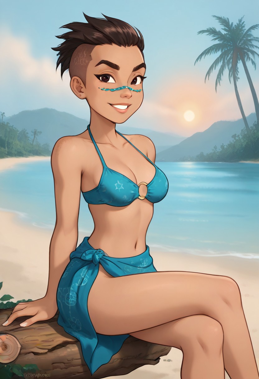 Expressive, score_6_up, score_7_up, score_8_up, score_9. Btimmsketch. 1girl, asian_chinese native_brazilian mixed girl, solo, 20yo. Slightly angular face, softly rounded face edges, prominent cheekbones, subtly defined jawline. Medium-sized eyes, almond-shaped eyes, dark brown eyes, gentle upward tilt at outer eye corners, thick eyebrows, slightly arched eyebrows, black eyebrows. Low nose bridge, subtle curve on nose bridge, broader nose base, rounded nose tip, adding harmony to her facial structure. Dark reddish-brown tan skin with warm golden undertones. Full lips with a soft rosy tone and a well-defined Cupid’s bow. ((Hair styled in an asymmetrical undercut: one side shaved short, and the other with straight, silky black strands falling just past her jawline)). Petite figure, (body height: 158cm), balanced silhouette with feminine proportions. Medium-sized tear-drop breasts, a slightly defined waist, slightly wide hips, and proportionately long legs, barefoot. Energetic and vibrant smile, very happy look. Cyano bikini, sarong, native Brazilian patterns print, looking at viewer, sitting on log, legs crossed, on beach, palm trees, vibrant sunset, blue sky.