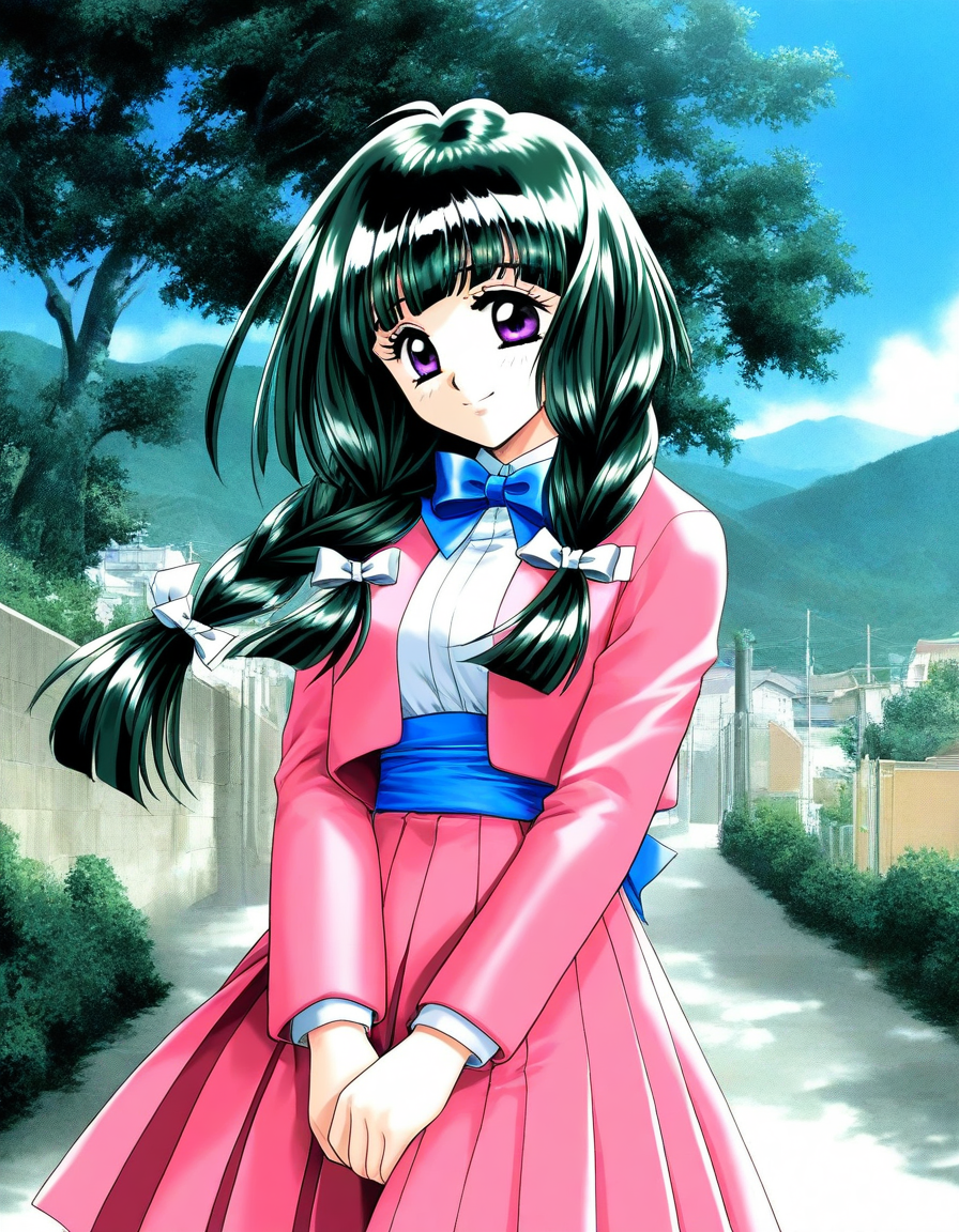 general,highres, ultra-detailed,very aesthetic,best quality ,best hands, BREAK  <lora:Kamiyama_Miko_kakyuusei_Ver2.0_IS:1>Kamiyama_Miko(kakyuusei), 1girl, solo, dark green hair,, long hair, purple eyes, twin braids, white bow, blunt bangs, hair bow, medium breasts,
pink jacket, bowtie, blue bow, shirt, jacket, white shirt, blue bowtie, pleated skirt, pink skirt, blue sash, 
 long sleeves, outdoor, 
v arms, smile,
standing, sky, day,