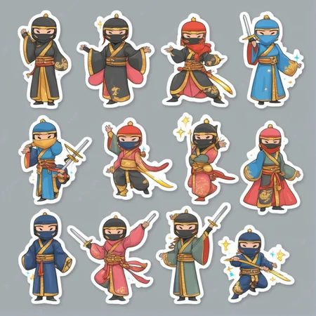 Super sparkle ninja woman StickerSheet <lora:SDXL-StickerSheet-Lora:1>, Very detailed, clean, high quality, sharp image, Emperor Huizong of Song