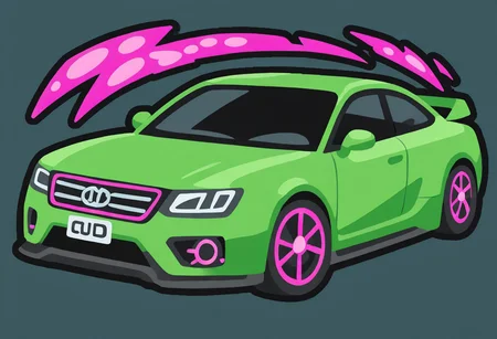 green sports car, stylized Audi, speeding through a futuristic cyberpunk city, wide angle, motion blur, night scene with glowing neon lights and holograms, overexaggerated anime perspective, clean vector style, sharp lines, high contrast colors, game icon aesthetic, 2D stylized illustration, outlined shapes, minimal shading, mid-action pose, dynamic composition, inspired by arcade racing games, CAT - Citron Anime Treasure CAT IL v9, vector, game icon, icons, black outline, detailed