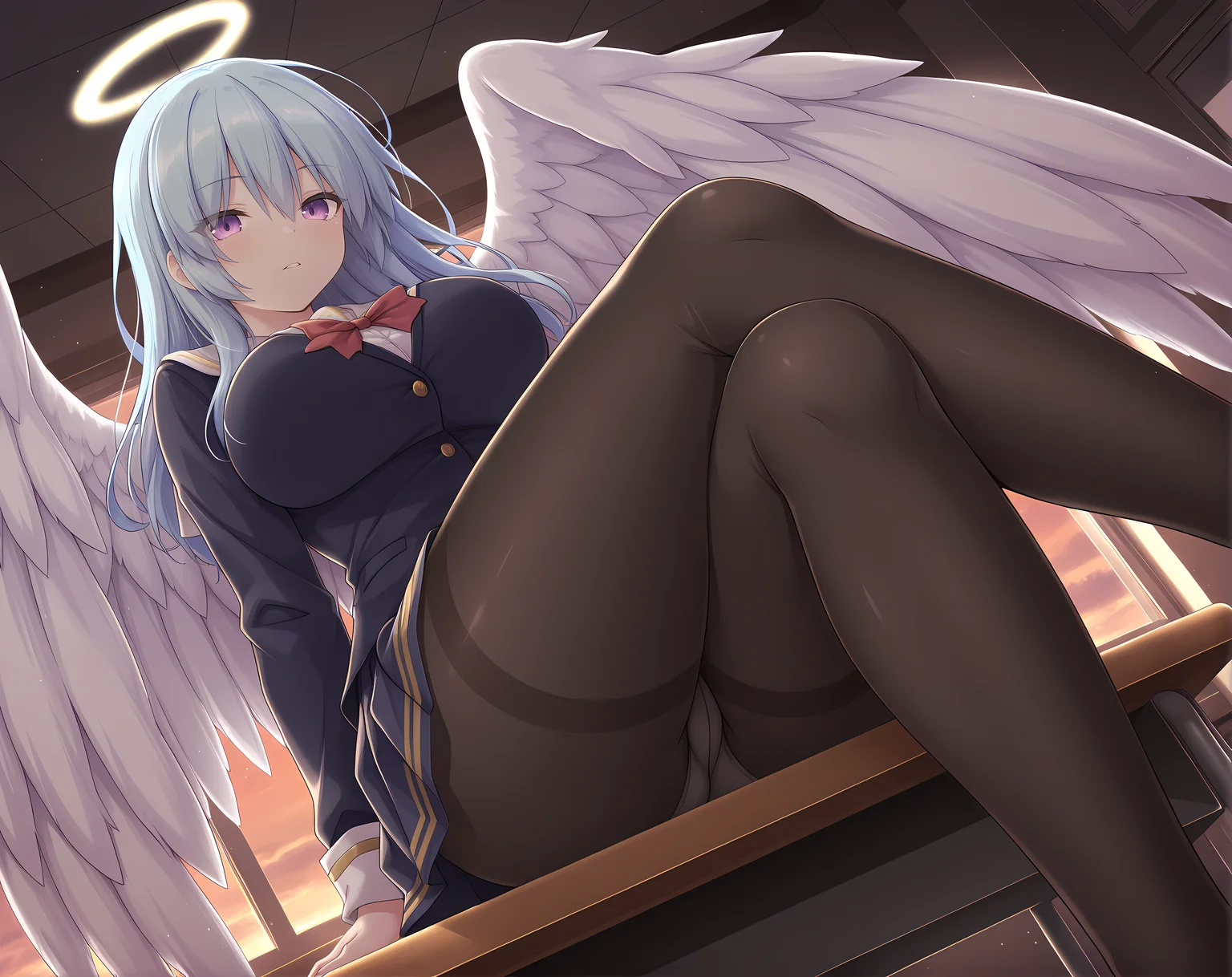 <lora:Eureshya:0.6>,eureshya,blue hair,purple eyes,angel wings,halo,hair between eyes,eyes visible through hair,large breasts,school uniform,thighband pantyhose,from below,crossed legs,on desk,sitting,, masterpiece,best quality,amazing quality, very aesthetic, absurdres,detailed eyes,ultra-detailed,