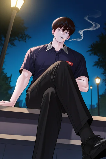 masterpiece, best quality, amazing quality, very aesthetic, high resolution, ultra-detailed, absurdres, newest, scenery, volumetric lighting, depth of field,anime screencap, , , 1boy, solo, male focus,<lora:yoonwon:0.82>,goo yoon won,black hair,grey eyes,short hair,bangs,hair between eyes,scar,scar on face,looking at viewer, shirt, holding, jewelry,piercing, sitting, short sleeves, earrings, shoes, collared shirt,black socks, pants,plaid collar, black pants,right ear bare,black footwear, dark blue shirt,simple shirt, crossed legs, cigarette,from below,outdoors,night,lamppost,park