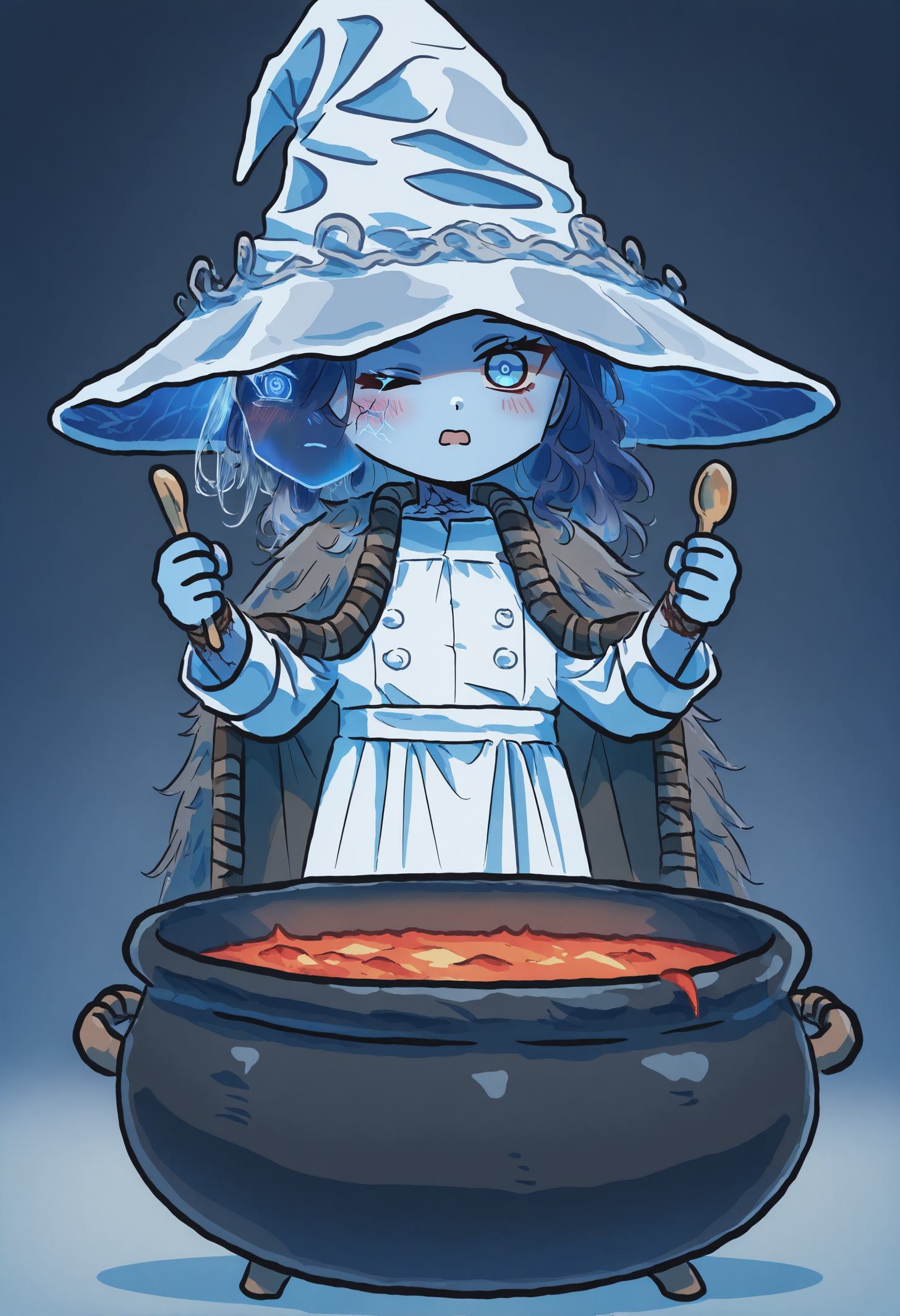 masterpiece, best quality, newest, absurdres, highres, 1girl, RnnDef, blue eyes, one eye closed, blue hair, wavy hair, 4 arms, extra faces, ghost face, blue skin, colored skin, cracked skin, doll joints, witch hat, large hat, white headwear, white dress, long sleeves, fur cloak, brown cloak, <lora:Ranni_illusXLNoobAI_Incrs_v1-000012:1>, xinzoruo, chibi, blush, hands up, open mouth, chef hat, cauldron, holding spoon, full body, lava, bad food,