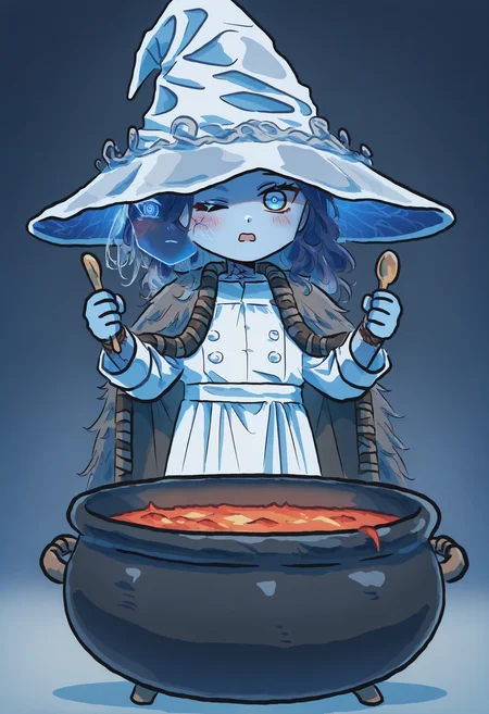 masterpiece, best quality, newest, absurdres, highres, 1girl, RnnDef, blue eyes, one eye closed, blue hair, wavy hair, 4 arms, extra faces, ghost face, blue skin, colored skin, cracked skin, doll joints, witch hat, large hat, white headwear, white dress, long sleeves, fur cloak, brown cloak, <lora:Ranni_illusXLNoobAI_Incrs_v1-000012:1>, xinzoruo, chibi, blush, hands up, open mouth, chef hat, cauldron, holding spoon, full body, lava, bad food,