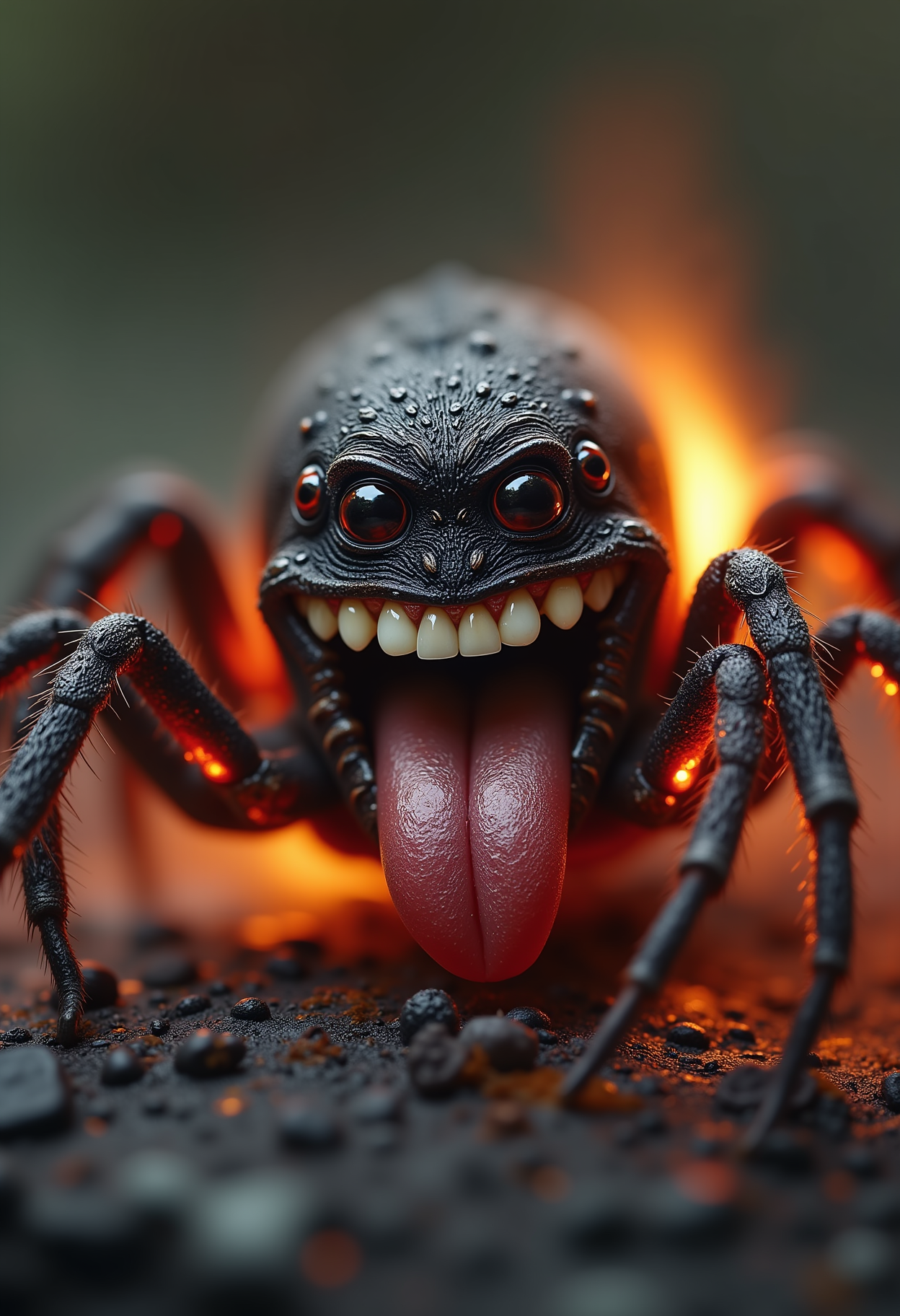 A torched spiderling, its tiny body charred but oddly intact, flashes a large, exaggerated grin, with its cartoonishly long tongue playfully hanging out. Despite its singed appearance, the spiderling's expression is almost mischievous, as if it's unfazed by its fiery encounter. The surreal contrast between its burnt state and the comical, carefree grin adds a twisted, darkly humorous element to the scene <lora:Dever_Flux_Enhancer:0.5>
