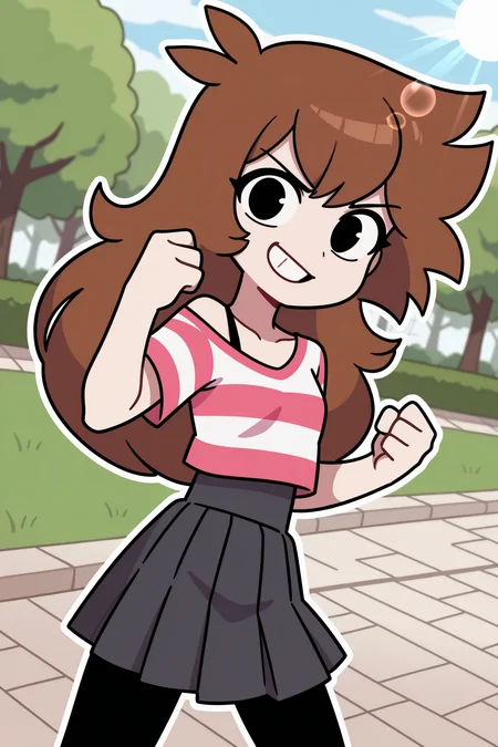 <lora:shgurr_yt_ILL:1> 2d, omsshgurr, 1girl, cartoon, brown hair, black eyes, long hair, bangs, striped shirt, off shoulder shirt, bra strap, pleated skirt, black pantyhose,
looking at viewer, serious, smile, teeth,
amazing quality,very aesthetic,absurdres,newest,
outdoors, park, sunny,
fighting stance, cowboy shot, BREAK depth of field, blurry background, dutch angle, dynamic angle, white outline, lens flare