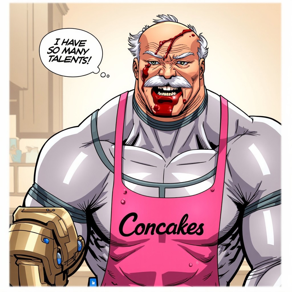 Comic book style illustration featuring C0nq-FLUX, old muscular man with right mechanical hand, scar across his face and blind right eye, dressed in a sleek, silver armor-like suit with a high-tech aesthetic. standing in the kitchen baking a cookies wearing a pink appron with text "Concakes" wrriten on the appron, and the thinking bubble over his head that reads "I have so many talents"