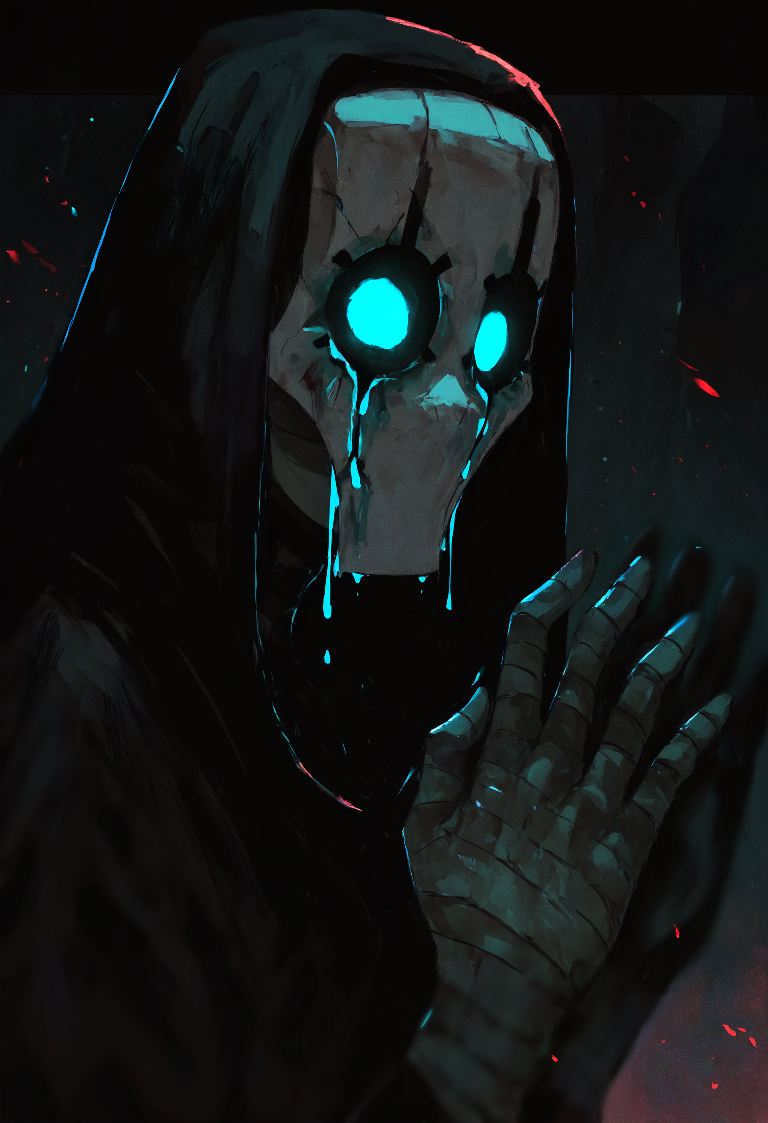 masterpiece, highres, absurdres, newest, very awa, detailed illustration, painting \(medium\),  aoi ogata, nox_wakfu, upper body, close-up, blurry foreground, dark background, abstract background,  1boy, damaged mask, (bandages:1.1), gloomy eyes, (glowing eyes:1.1), aqua eyes, crying with eyes open, aqua tears, hunched over, from side, looking at viewer, palms up, arms flexed, curled fingers,  depth of field,   <lora:spo_sdxl_10ep_4k-data_lora_webui>,  <lora:NOOB_EPSv1_1_detailer_by_vlnvk_v1_0>, <lora:noobai_ep11_stabilizer_v0.30_fp16>, <lora:96YOTTEA-WAI:0.8>, <lora:Nox_wakfu (illust_v1):0.8>