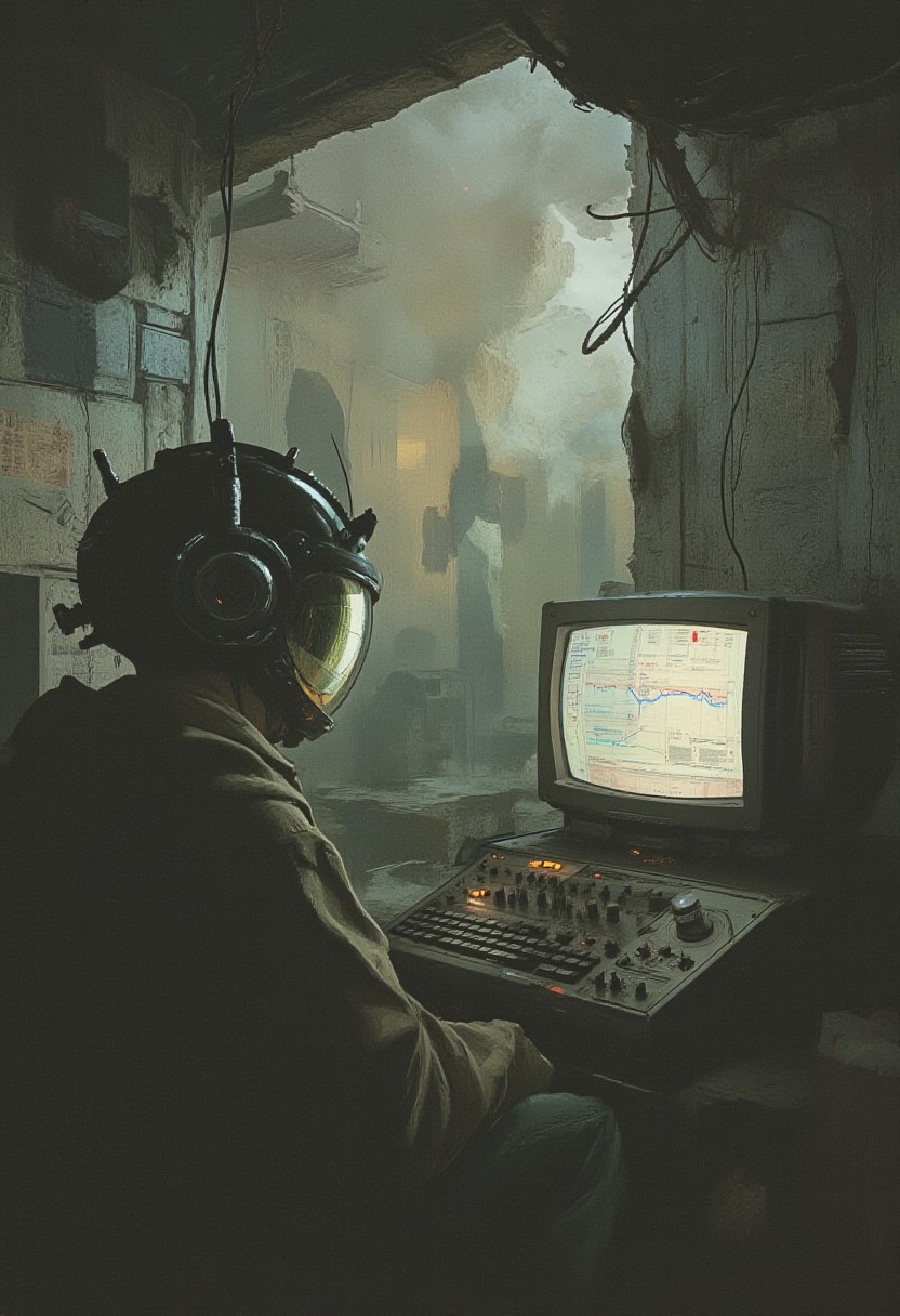 comic art by Mike Allred, 
style of Ted Nasmith, 
A smoky underground bunker with retro computer monitors that display incomprehensible data, in the center, a human figure in a bizarre, over-sized helmet with multiple antennae adjusts dials on a large, humming machine, while shadowy, humanoid forms flicker in and out of visibility along the walls, in the style of analog VHS aesthetic, grainy and low-resolution, muted retro color palette, soft focus with heavy shadows, eerie and unsettling atmosphere, surreal and nostalgic, vintage cult-like vibe, dark and shadowy environment, washed-out colors
Caravaggio meets D&D charm  
, masterpiece,
art by torikun, SentinelBot, OBxiaoxiang