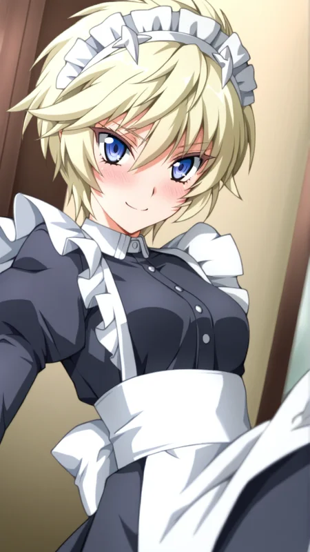 source_anime, general, best quality, masterpiece, 1girl, <lora:Esther_Elhous_ill_v1.0:1> esther_elhous\(srw\),blue eyes , blonde hair, yellow hair,tsurime, small breasts ,maid, maid headdress, maid apron, happy, (embarrassed:0.9), dynamic pose, dutch angle, cowboy shot,