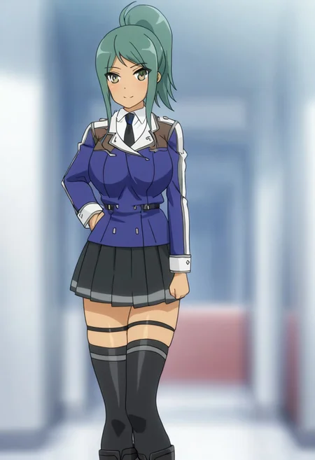 blurred background,
smile,
looking at viewer,
solo,
hundred_-_liddy_steinberg, green_hair, ponytail, green_eyes, dark-skinned_female, sidelocks, large_breasts,
school_uniform, jacket, long_sleeves, black_necktie, skirt, black_thighhighs, boots, thigh_strap,
standing,
masterpiece,best quality,good quality,newest,