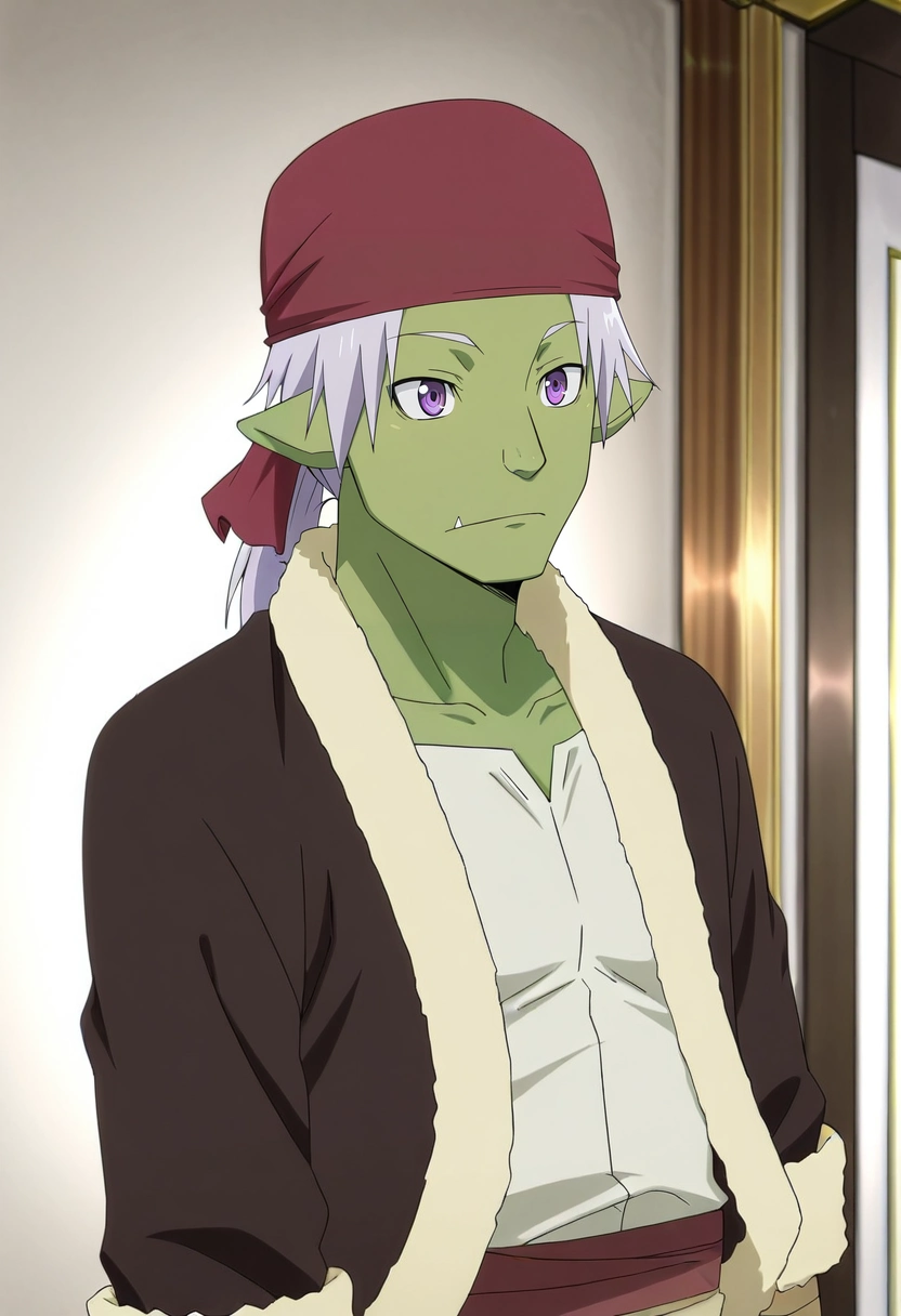 masterpiece, best quality, , anime screencap, anime coloring, official style,, 1boy, solo, male focus, <lora:rigur_tensura_ilxl:0.9>, rigur_tensura, grey hair, purple eyes, pointy ears, colored skin, green skin, goblin, bandana, , ponytail,