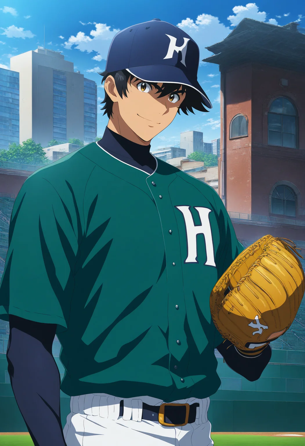 masterpiece,high score,great score,absurdres,<lora:Goro_Shigeno_V1-1-000006:0.8>,goro shigeno,baseball uniform,baseball mitt,1boy,sportswear,male focus,solo,hat,baseball cap,looking at viewer,smile,building,indiana hornets baseball jersey,white-green baseball jersey,black shirt,official art,