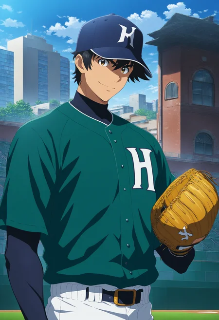 masterpiece,high score,great score,absurdres,<lora:Goro_Shigeno_V1-1-000006:0.8>,goro shigeno,baseball uniform,baseball mitt,1boy,sportswear,male focus,solo,hat,baseball cap,looking at viewer,smile,building,indiana hornets baseball jersey,white-green baseball jersey,black shirt,official art,