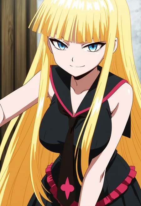 masterpiece, best quality, solo, curvy, beautiful eyes, aged up, large breasts, 1girl, solo, smile, looking at viewer,   zzEva, blue eyes, blunt bangs, blonde hair, long hair, very long hair,   sleeveless shirt, sailor collar, necktie, (tsurime),  <lora:EvangelineNegmiaOVA_IXL:1.0>,     from above, upper body (leaning forward, close up), smile, looking at viewer, shiny skin,
