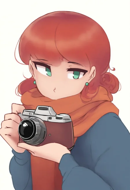 masterpiece, best quality, solo, 1girl, <lora:NSPennyStardewIllu:1> NSPennyMisc, green eyes, medium hair, red hair, curly hair, green stud earrings, blue jacket, camera, holding, jacket, looking to side, orange scarf, scarf, simple background, upper body, white background, holding camera, solo,
