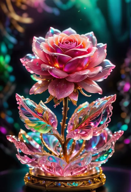 pink crystal rose flower, strong focus on subject, strong bokeh, empty background, multicolor,<lora:SDXL\detailed_notrigger:0.5>, <lora:SDXL\add-detail-xl:0.5>, <lora:SDXL\SDXLFaeTastic2400:0.5>, <lora:SDXL\WowifierXL-V2:0.5>