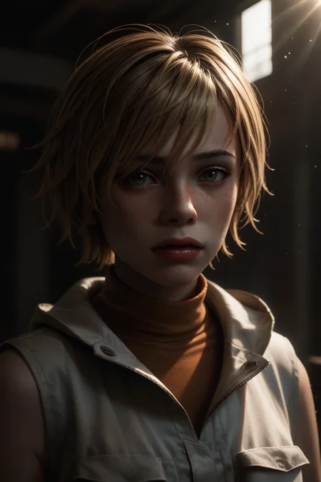 1girl, depth of field, highly detailed, high contrast ,  god rays, volumetric lighting,solo,<lora:dark:0.4>  <lora:Heather_mason_lora:0.8> heather_mason, blonde hair, short hair, freckles,vest,turtleneck,, PonyXLV6_Scores, zPDXL3, <lora:Hyper-SDXL-8steps-lora:1>, <lora:Nyl2s_tyle:0.5> <lora:g0th1cPXL:0.4> g0thicPXL,