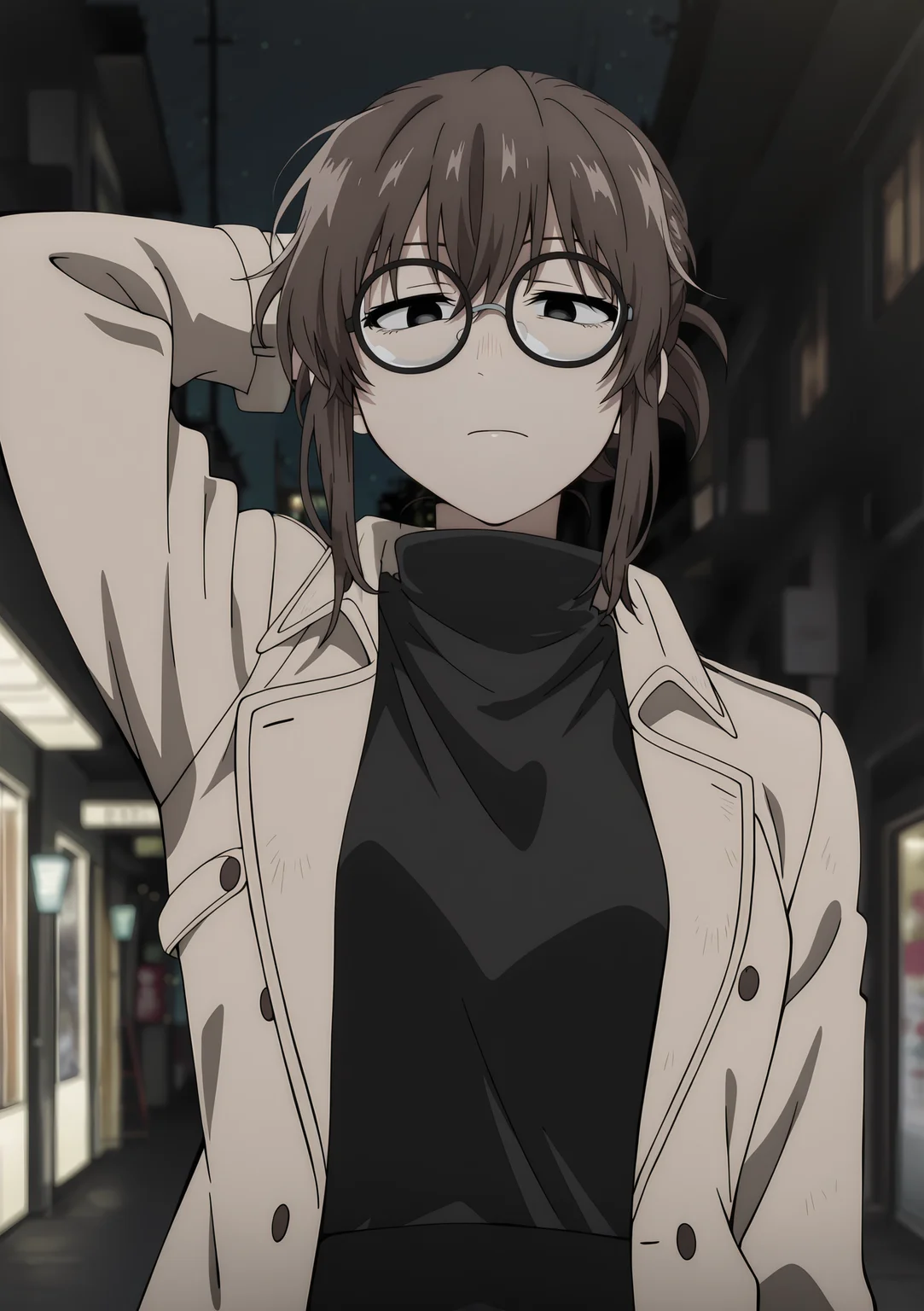 detailed background, official style,anime coloring, (anime screencap) masterpiece, detailed face,1girl <lora:Anko_Uguisu_v2:0.9>Anko, solo, glasses, brown hair, black eyes, black turtleneck, night, coat, blurry, outdoors, turtleneck sweater, blurry background, sweater, closed mouth, arm up, long sleeves, upper body, looking at viewer, arm behind head, bangs, open clothes
