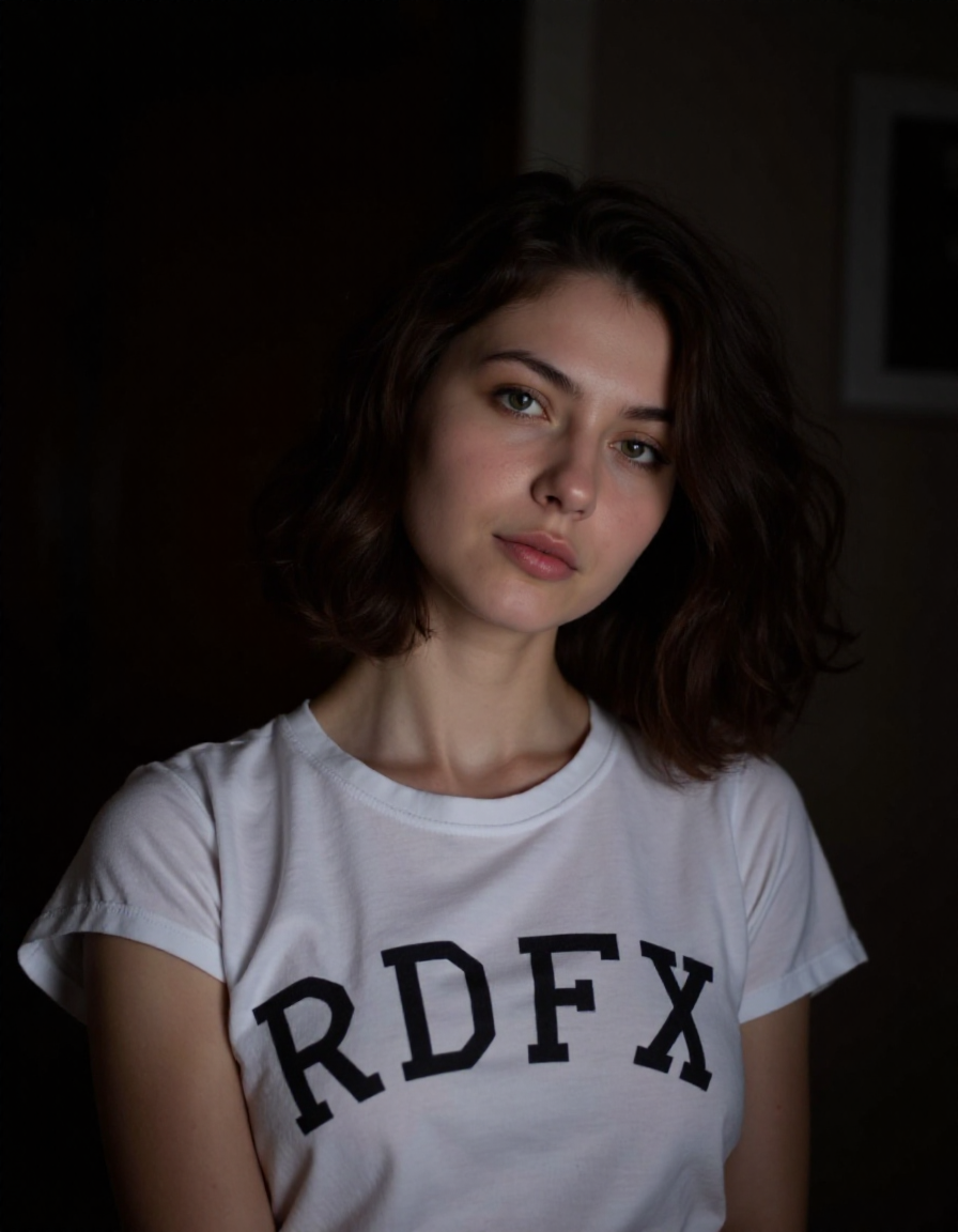 realistic beautiful instagram digital influencer woman 25 years old, closed mouth not showing teeth , low light,white shirt with "RDFX" written on it,goth,dramatic light