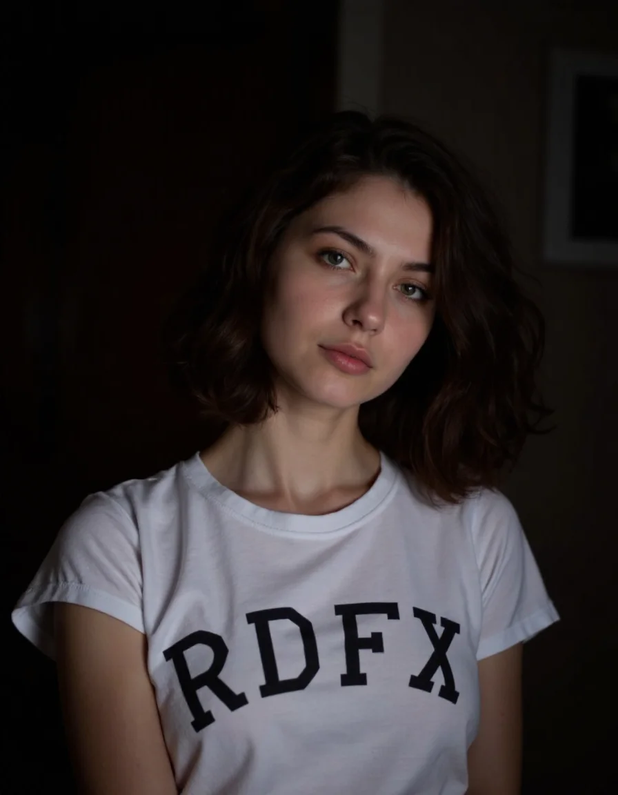 realistic beautiful instagram digital influencer woman 25 years old, closed mouth not showing teeth , low light,white shirt with "RDFX" written on it,goth,dramatic light