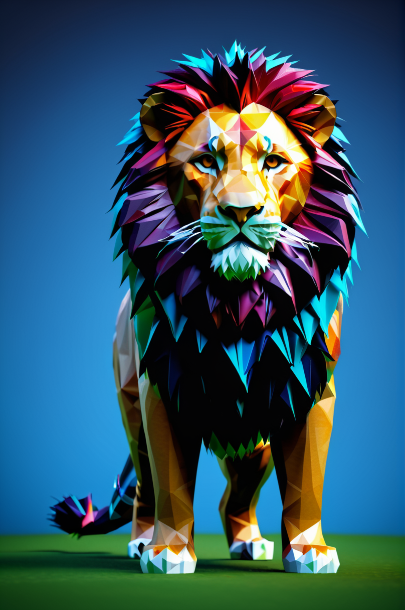 lion made of lowpoly, character focus:1.1 , dramatic angle, magic, standing in the jungle <lora:LowpolyXL_LoRA:1>