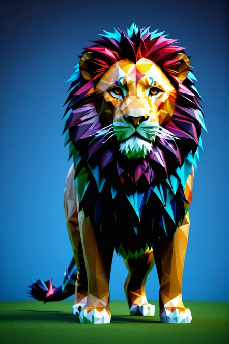 lion made of lowpoly, character focus:1.1 , dramatic angle, magic, standing in the jungle <lora:LowpolyXL_LoRA:1>