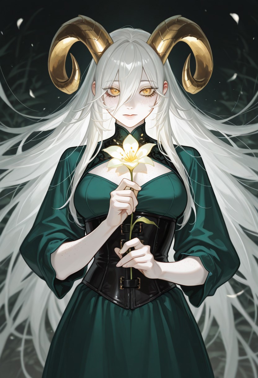 masterpiece, best quality, amazing quality, very aesthetic, high resolution, ultra-detailed, extremely detailed eyes, detailed face, absurdres, newest, best illumination, depth of field, 1girl, solo, gold twisted ram's horns, freckles, white hair, long hair, long bangs, golden eyes, pale skin, green dress, medium breasts, black underbust corset, breasts cutout, medium shot, holding glowing flower, sugitekivotosohoroboshitasenseidoujinstyleil