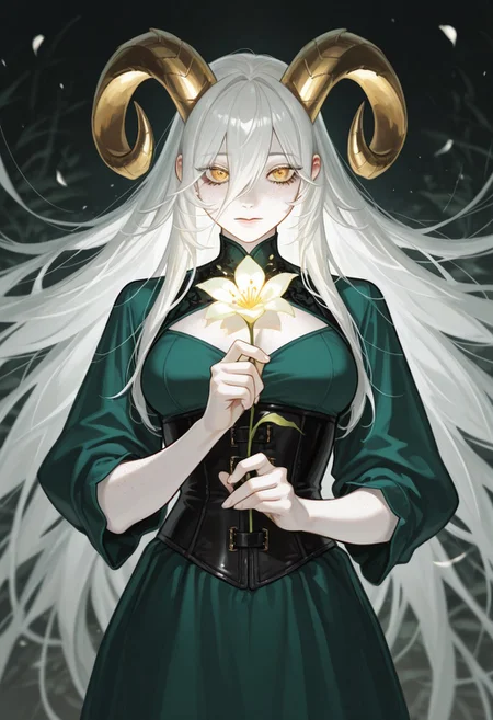 masterpiece, best quality, amazing quality, very aesthetic, high resolution, ultra-detailed, extremely detailed eyes, detailed face, absurdres, newest, best illumination, depth of field, 1girl, solo, gold twisted ram's horns, freckles, white hair, long hair, long bangs, golden eyes, pale skin, green dress, medium breasts, black underbust corset, breasts cutout, medium shot, holding glowing flower, sugitekivotosohoroboshitasenseidoujinstyleil