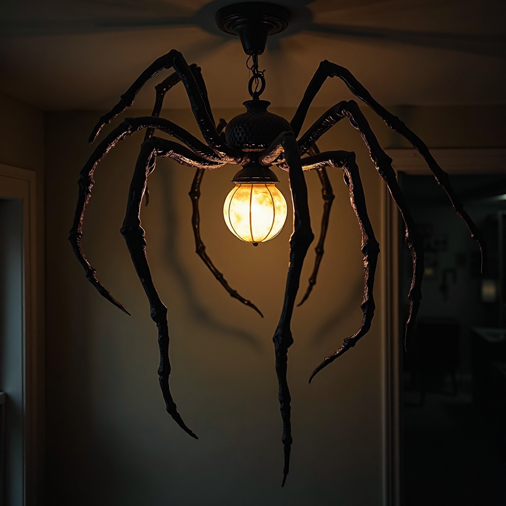 A sinister spider hangs ominously from the ceiling as a lamp, its body crafted with a glowing bulbous abdomen that radiates an eerie light glowing spider body. The spider's long, spindly legs gracefully extend downward, casting unsettling shadows on the walls. This unsettling design creates an atmosphere of suspense and intrigue, transforming any space into a chilling yet captivating environment. Gothic vibe, dramatic lighting, intricate details.