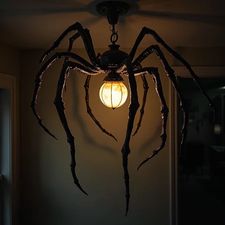 A sinister spider hangs ominously from the ceiling as a lamp, its body crafted with a glowing bulbous abdomen that radiates an eerie light glowing spider body. The spider's long, spindly legs gracefully extend downward, casting unsettling shadows on the walls. This unsettling design creates an atmosphere of suspense and intrigue, transforming any space into a chilling yet captivating environment. Gothic vibe, dramatic lighting, intricate details.