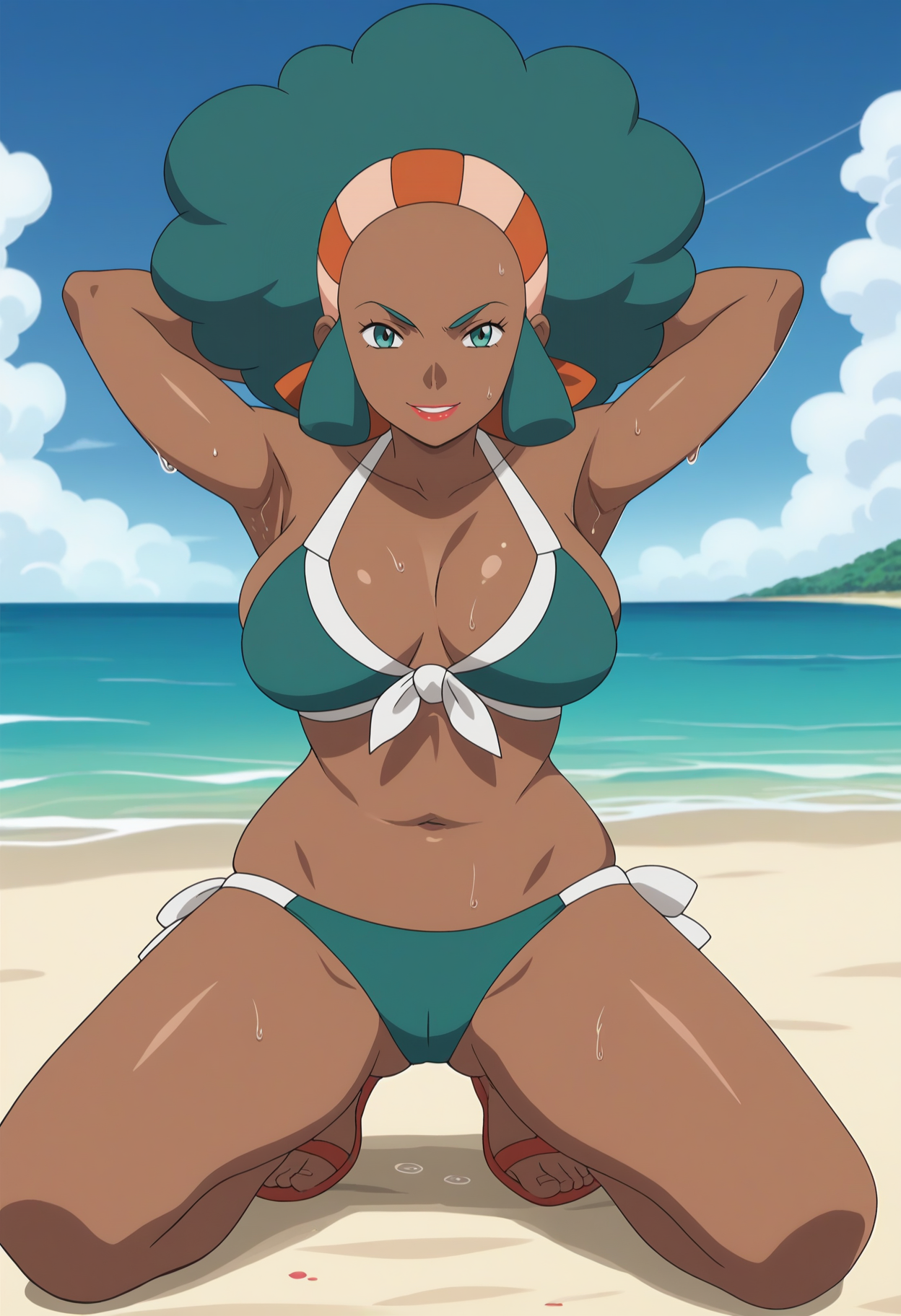 score_9, score_8_up, score_7_up, score_6_up, anime screencap, anime coloring, <lora:PMLenora_epoch_9:0.8>, PMLenora, dark skin, green eyes, eyelashes, green hair, big hair, afro, hairband, lipstick, large breasts,
green bikini,
kneeling, legs apart, armpits, arms behind head, skindentation, 
seductive smile, looking at viewer, wet, sweat, 
BREAK, beach, sunbeam, blue sky, cloud,