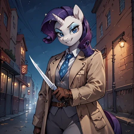 score_9, score_8_up, score_7_up, score_6_up, Rarity, anthro pony, solo, female, trenchcoat, grey suit, tie, brown gloves, night <lora:Blade_Lick_Pony_v1:1> KN1F3L1CKV1, holding_knife, knife, holding_weapon  <lora:redcoatXLv1:1> evil smile, dagger, city street