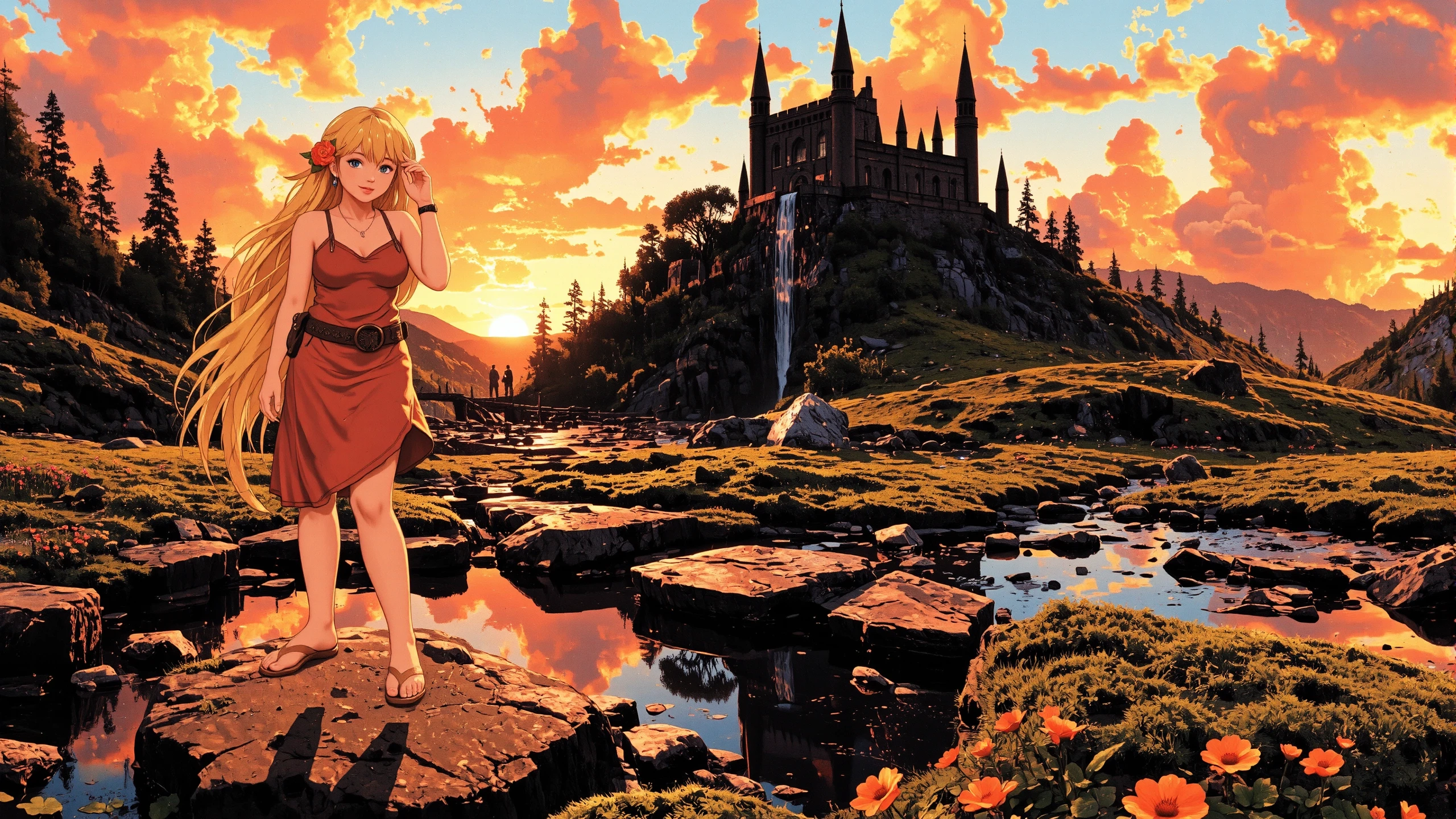 long hair yellow hair young woman, druid, illustration, comic, anime, extremely detailed, portrait, standing, happy smile, flower in hair, glossy lipstick, celtic necklace, sphere earrings, loincloth, sandals,  Grapefruit Pink druid short dress, legs, sharp focus, fantasy, celtic landscape, small rock, moss, ripples, reflections, celtic  castle, small river pond, druid forest, druid village, stunning nature environment, enchanted land, clovers, Bright Gold Pink flowers, best quality, colorful, wet floor, bright sunny sky, sunset, raytracing, hdr, high contrast, ethereal natural lights, backlight, lens flare, shadows, vibrant colors, colorful, pretty, beautiful, happy, smiling, feminine, sexy, lovely, in love, adorable, fashion,  <lora:Hand v2:1> <lora:Anti-Blur:1><lora:Insane Detail Slider:0.5>  <lora:flux.1_lora_flyway_Epic-detail_v2:0.3><lora:fluxenhancer:0.5> <lora:RetroAnimeFluxV1:0.4> <lora:Luminous_Shadowscape:0.4>