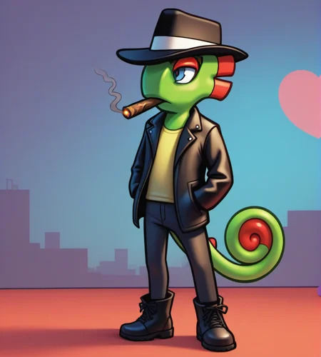 score_9, score_8_up, score_7_up, high res, digital media (artwork), absurd res, colored line art, cel shading, hearts around head, source_furry, solo focus, anthro, <lora:Yooka_and_Laylee_-_Kracklestone_Designs:0.95> yooka, scalie, chameleon, ear frill, curled tail, blue eyes, orange eyeshadow, green skin, multicolored body, rainbow background, black leather jacket, black boots, black fedora, hands in pockets, front view, black leather pants, bored, cigar in mouth, night, neon city background, looking_away <lora:EyeLRslider:-1>