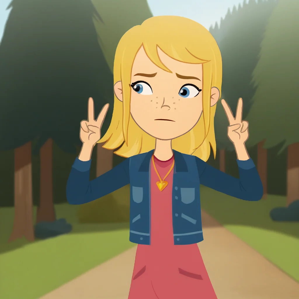 score_9_up, score_8_up, BREAK, Lexi, 1girl, solo, blonde hair, blue eyes, freckles, necklace, jacket, long sleeves, pink dress, cowboy shot, <lora:Lexi_LexiAndLottie_PXL_Leaf1:1>, outdoors, forest, double v,