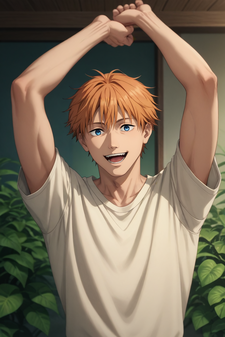 score_9, score_8_up, score_7_up, source_anime, rating_safe, intricate details, (realistic:0.6), , depth of field, 1boy, male focus, grey-blue eyes, orange hair,, solo, rule of thirds, hill, greenery, indoors, arms up, laughing, <lora:chainsaw_man_style_pony:0.78>, chainsaw_man_style, , <lora:sdxl_lightning_8step_lora:1>