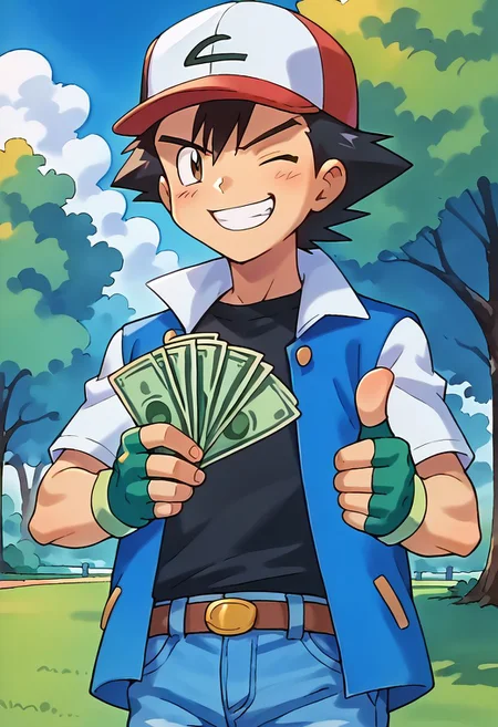 score_9, score_8_up, score_7_up, score_6_up, source_anime,
1boy, solo, ash_kanto, black hair, baseball cap, blue jacket, black shirt, fingerless gloves, denim pants, looking at viewer,
gangstersb, thumbs up, one eye closed, grin, holding money, money, portrait, torso crop,
outdoors, park, grass, trees,
ken sugimori, (watercolor:1.2),
masterpiece, highly detailed,