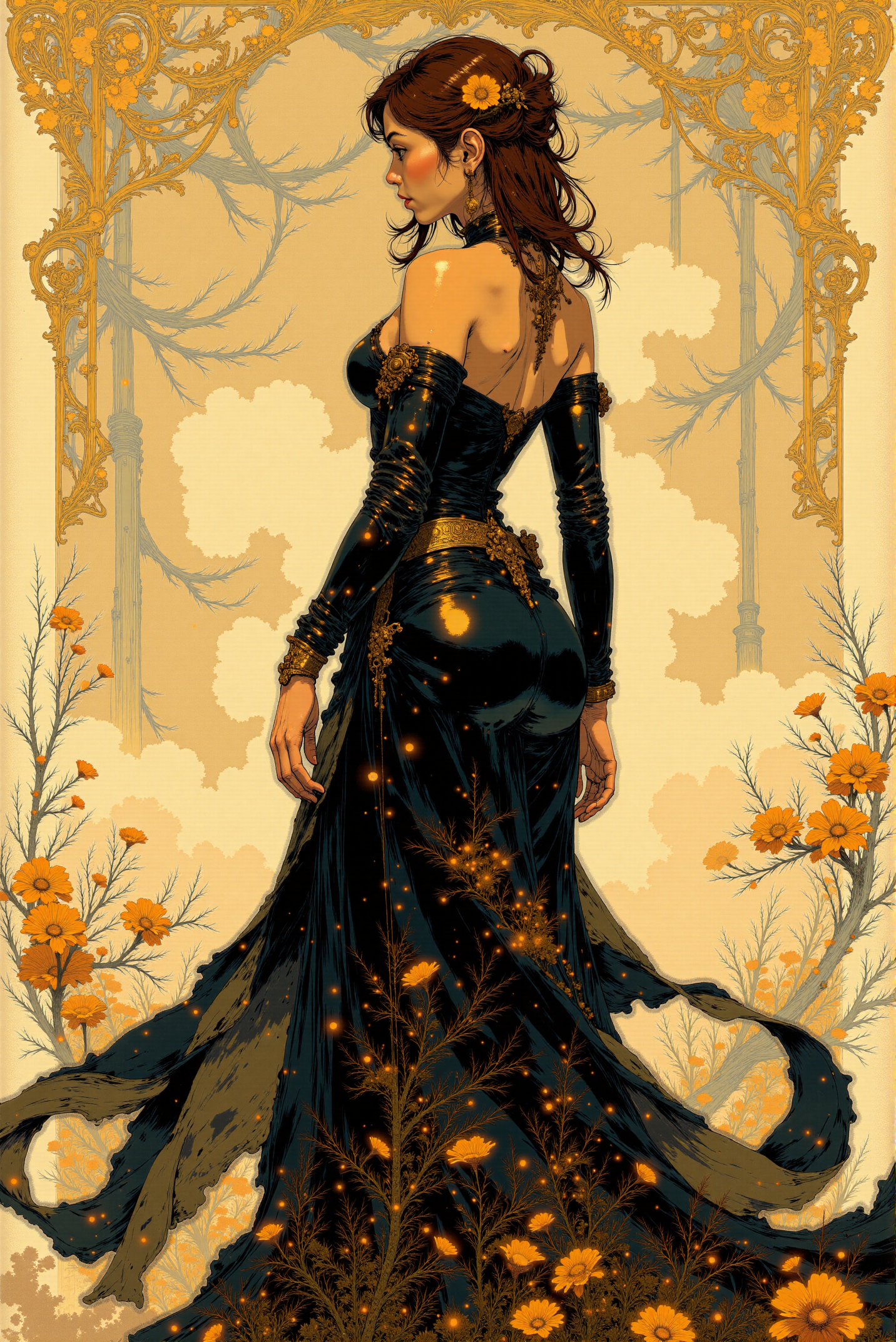 <lora:Fancha_style_v.5:0.90> Fancha style. This is a highly detailed, digital artwork featuring a slender yet feminine woman with an elegant, mysterious appearance. The woman is depicted in a dramatic, almost ethereal pose, looking over her shoulder with a gentle smile. She has long, wavy brown hair styled elegantly and adorned with a small, vibrant orange flower. Her skin has a smooth, glowing complexion, and she wears a stunning, off-the-shoulder gown that is predominantly black with intricate, golden floral patterns that shimmer and sparkle, giving it an almost iridescent quality. The dress is long and flowing, with a slight train that drapes elegantly behind her. The background is a rich, swirling pattern of gold and white, featuring ornate, swirling floral and leaf designs that evoke a sense of opulence and luxury.