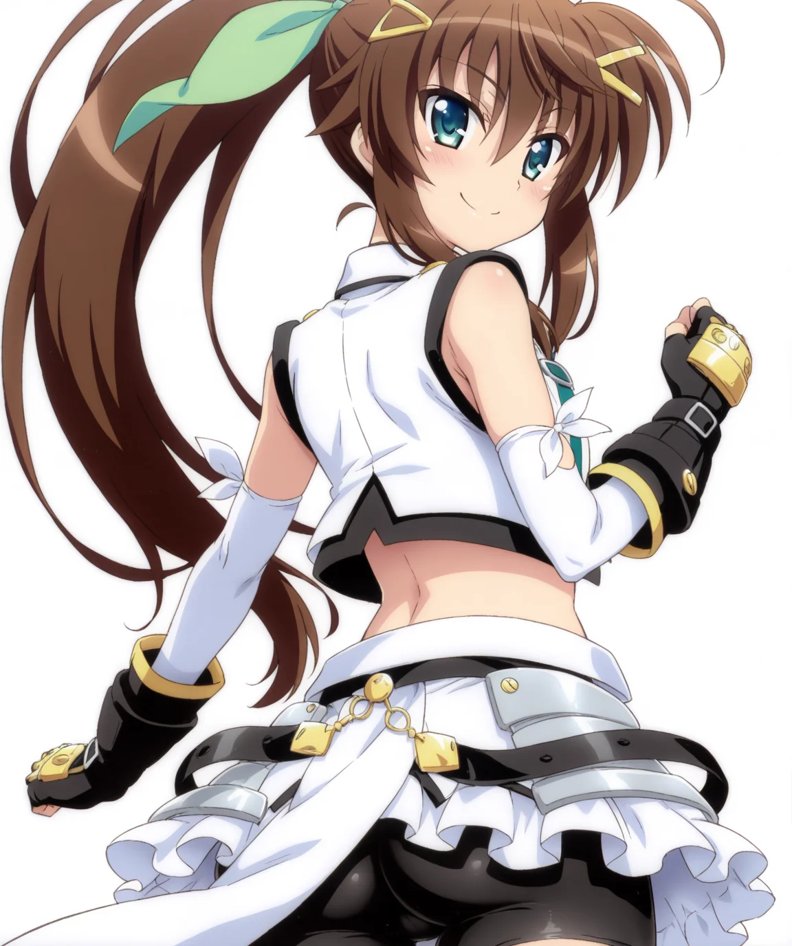 masterpiece, best quality, amazing quality, very aesthetic, ultra detail, clear line, anime, solo, <lora:fuka_v02:0.8>, fuka, green eyes, brown hair, ponytail, green hair bow, hair clip, magical girl, black inner, white sleeveless jacket, black fingerless gloves, white elbow gloves, navel, midriff, black bike shorts, white overskirt, smile, upper body, from behind, simple background, <lora:LECO_BadHands:1>, <lora:LECO_GoodHands:-1>, <lora:cfg_scale_boost:0.7>