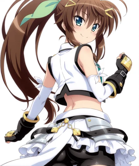 masterpiece, best quality, amazing quality, very aesthetic, ultra detail, clear line, anime, solo, <lora:fuka_v02:0.8>, fuka, green eyes, brown hair, ponytail, green hair bow, hair clip, magical girl, black inner, white sleeveless jacket, black fingerless gloves, white elbow gloves, navel, midriff, black bike shorts, white overskirt, smile, upper body, from behind, simple background, <lora:LECO_BadHands:1>, <lora:LECO_GoodHands:-1>, <lora:cfg_scale_boost:0.7>