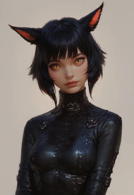 embedding:urn:air:sd1:embedding:civitai:222256@250708, score_9, score_8_up, score_7_up, score_6_up, score_5_up, score_4_up, 1girl, miqo’te, animal ears, tail, gorgeous girl, cute girl, kawaii girl, perfect cute face, short hair, black hair, bangs, yellow eyes, (slit pupils:0.7), medium breasts, tiny waist, (young face:1.2), black tight leather bodysuit, semi-realistic, standing, holding up a silenced pistol, detailed, wide hips, intricate details, sexy, high quality, sexy pinup pose, masterpiece, fantasy town, photoshoot, boob focus, halfbody portrait