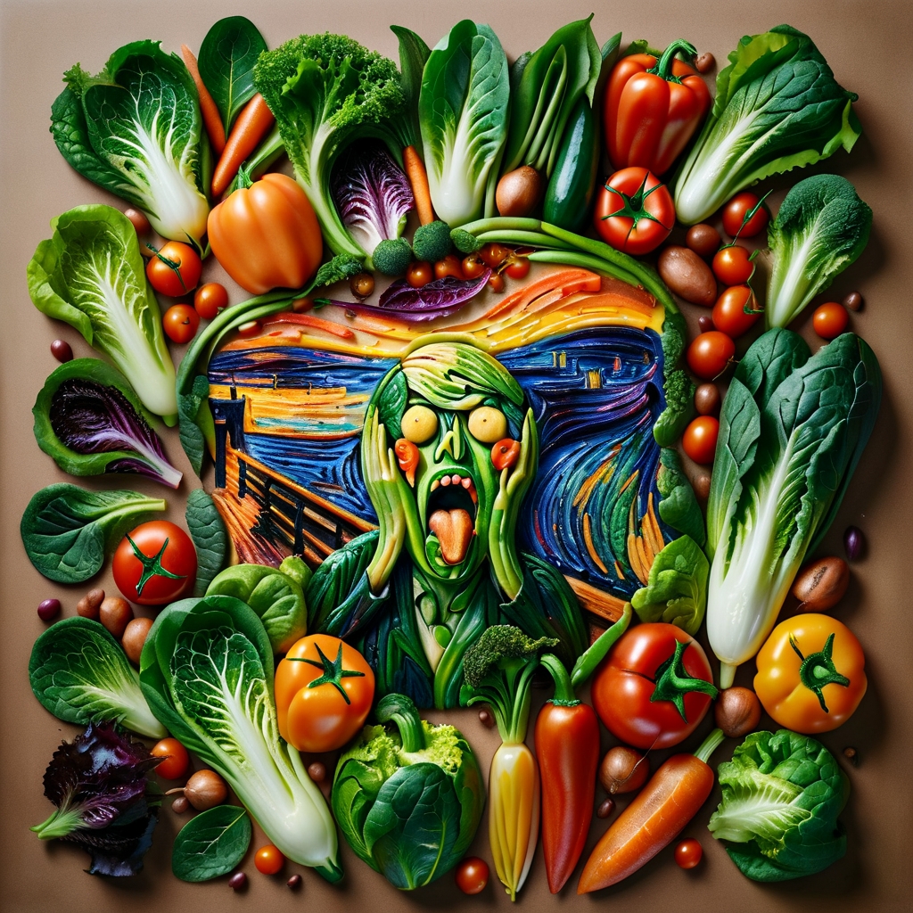 ral-sld,the scream from Edvard Munch, made out of vegetables,highly detailed,realistic,lifelike,studio photo,highly detailed,colors,dynamic,cinematic,masterpiece,intricate,hdr,