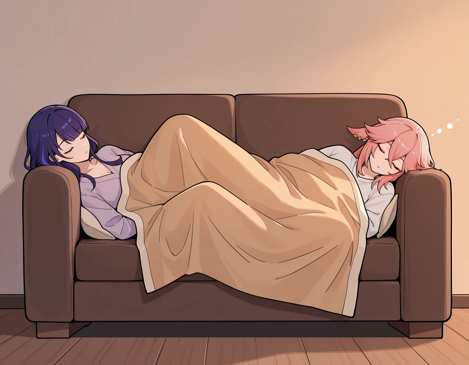 <lora:midis_CouchSharing_V0.5[IL]:1> , couch sharing,sitting,  lying,  sleeping, sitting,  yae miko, raiden shogun, blanket, on opposite ends of of the couch,  sharing blanket, masterpiece,best quality, very aesthetic,absurdres,newest,