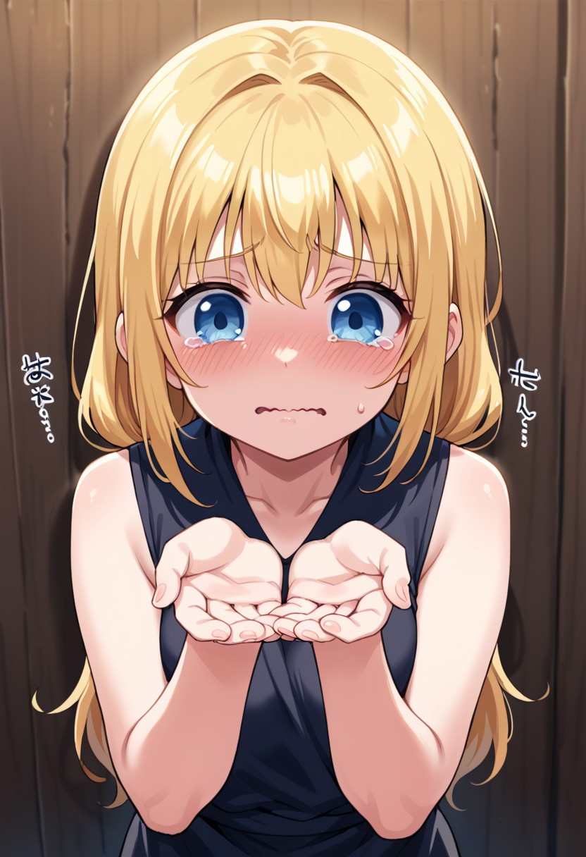 score_9, 1girl, tearing up, cute, wavy mouth, cupping hands, solo focus, own hands together