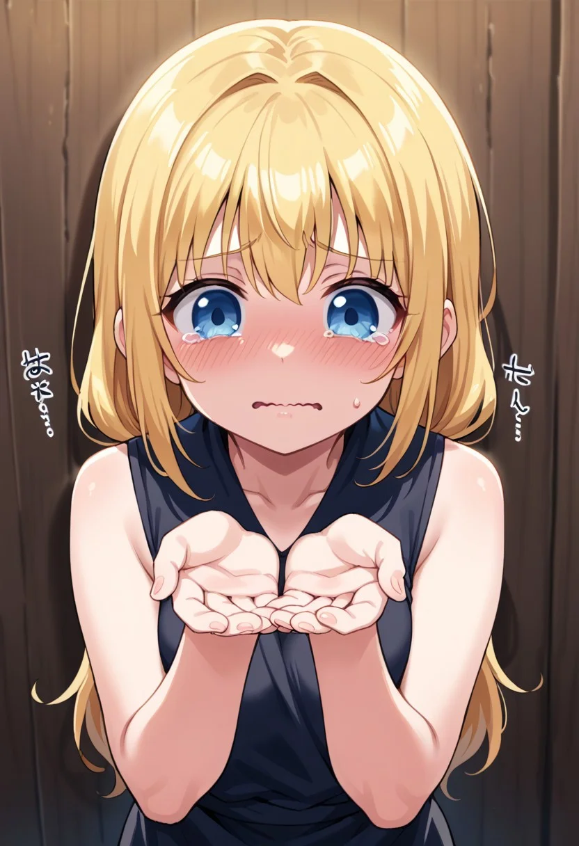 score_9, 1girl, tearing up, cute, wavy mouth, cupping hands, solo focus, own hands together